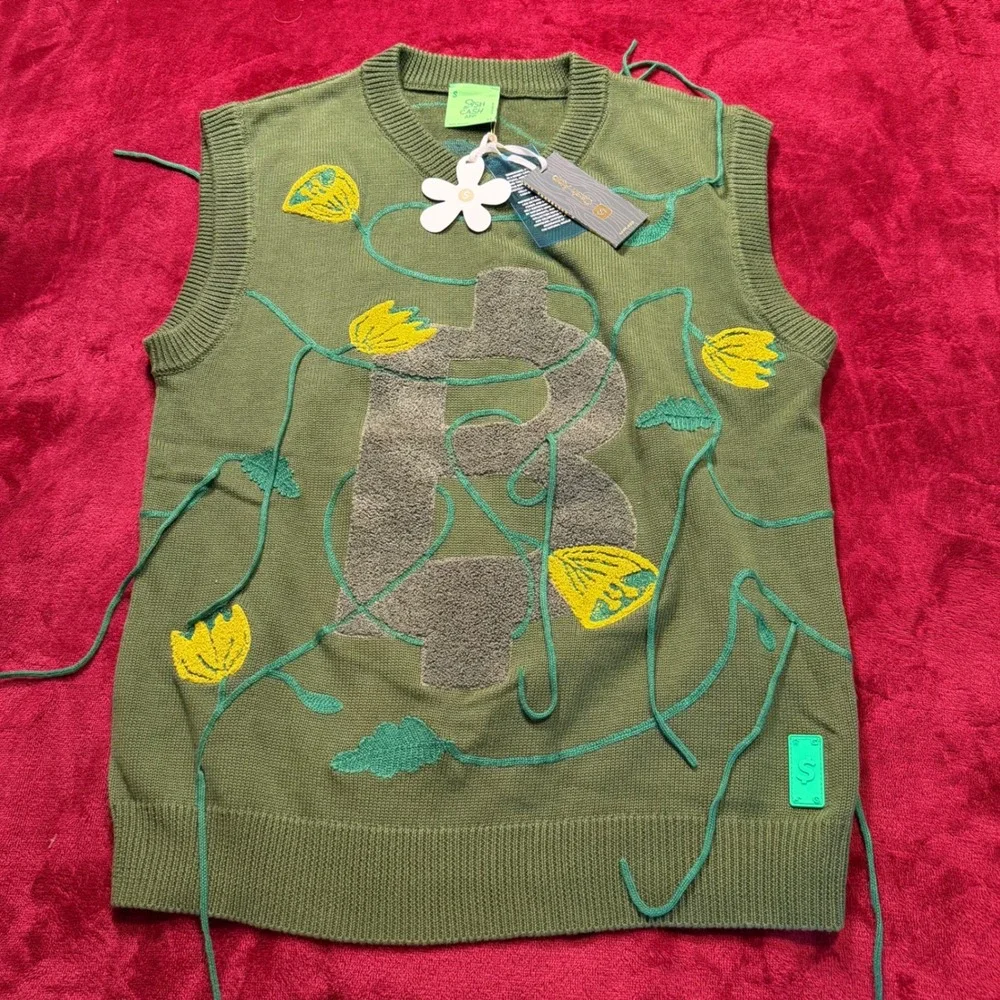 Cash by Cash App Bitcoin Flower Knit Sweater Vest Green Future Nature Mens M NWT